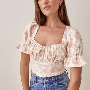 Reformation Montague linen milkmaid puff sleeve blouse